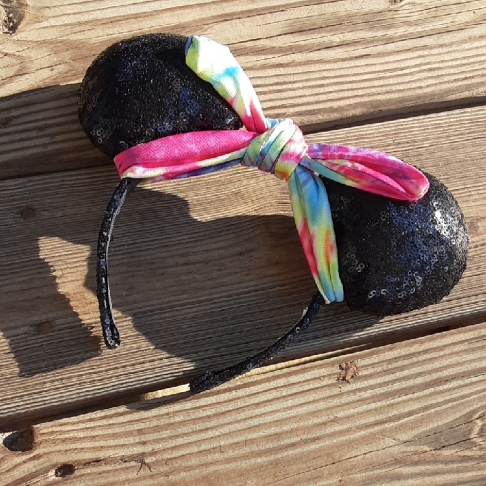 Disney Black Sequin Ears with Tie-Dye Bow Headband